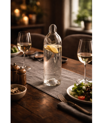 Carafe en verre recyclé transparent en situation sur table de restaurant – ambiance chic et cosy